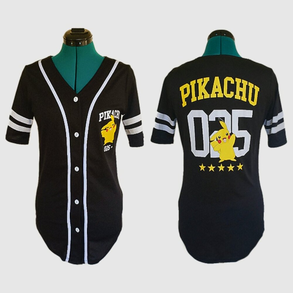 Pokemon Pikachu #025 Button-Up Jersey Shirt - Black & White Baseball Style